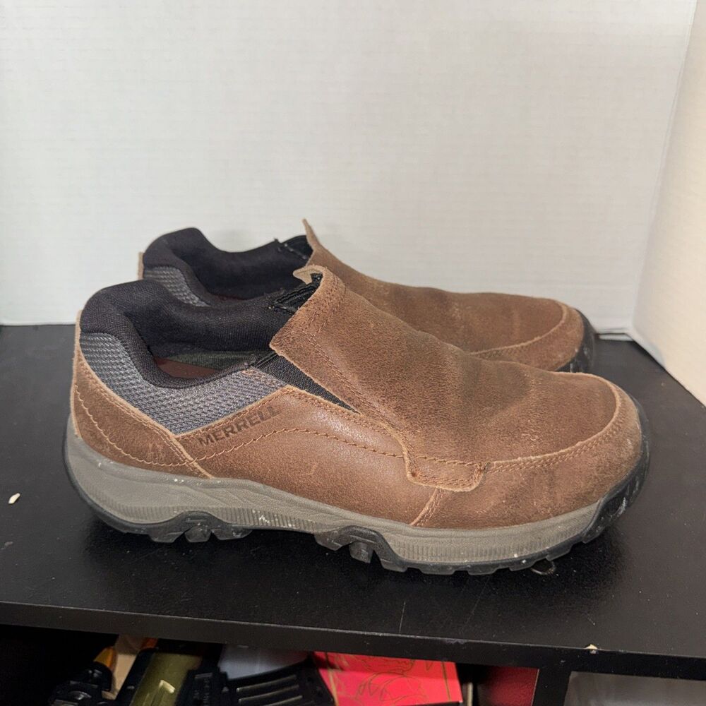 Merrell Anvik Moc Shoes Mens 7.5 Wide J95155 Brown Leather Slip On Hiking Casual